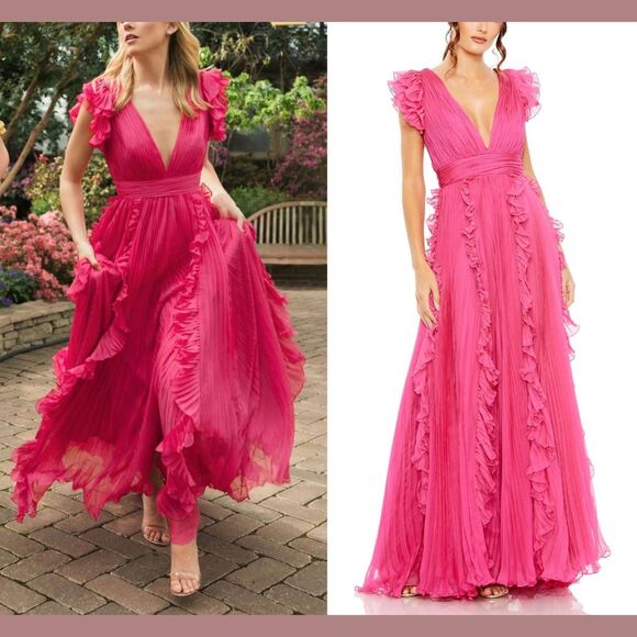 NEW IEENA Mac Duggal [ 20 ] Pleated Ruffle Cap Sleeve Flowy‎ A Gown Fuchsia pink - Picture 1 of 16